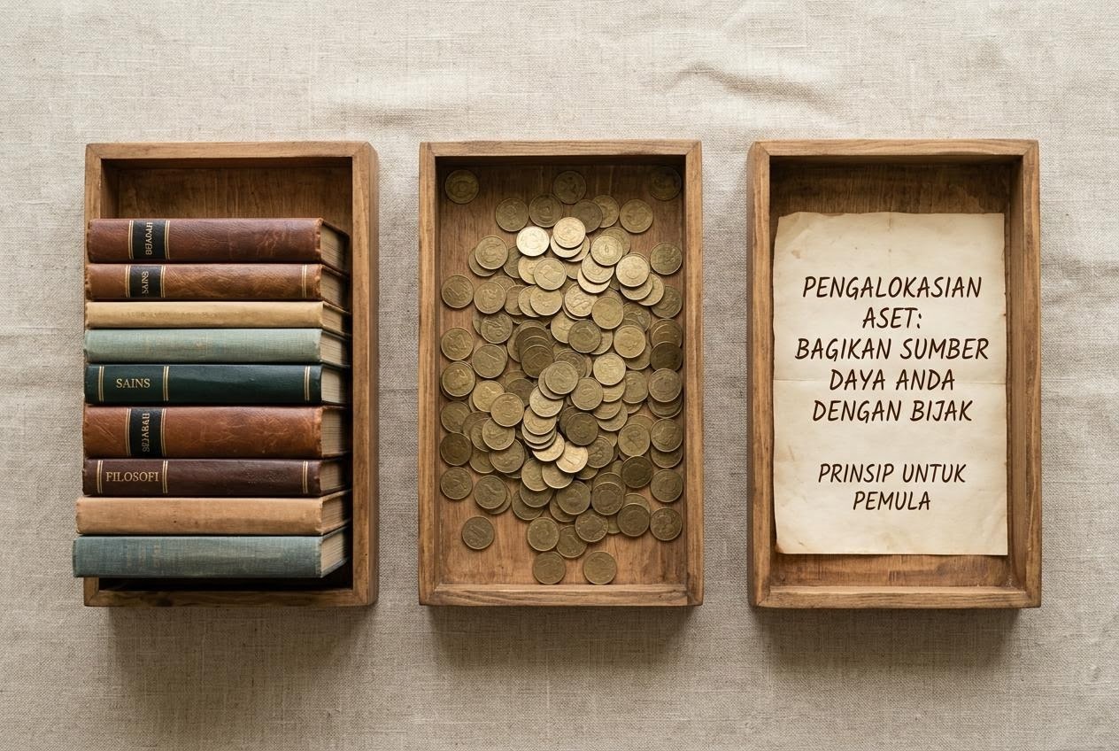 Tiga nampan kayu berisi buku, koin non-deskriptif, dan secarik kertas tersusun rapi.